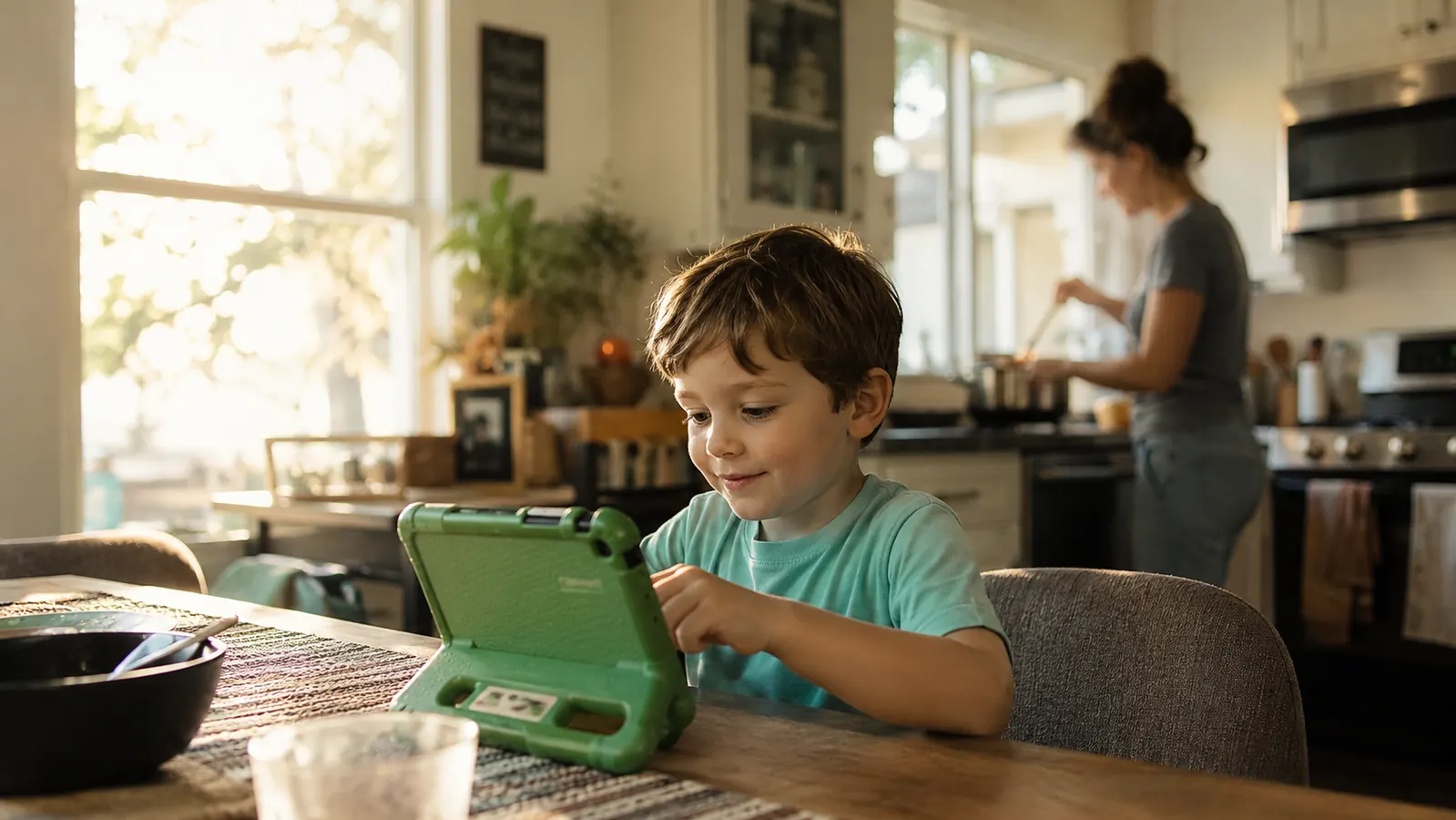 Young child sitting at a kitchen table using a green learning tablet, warm afternoon light, parent nearby