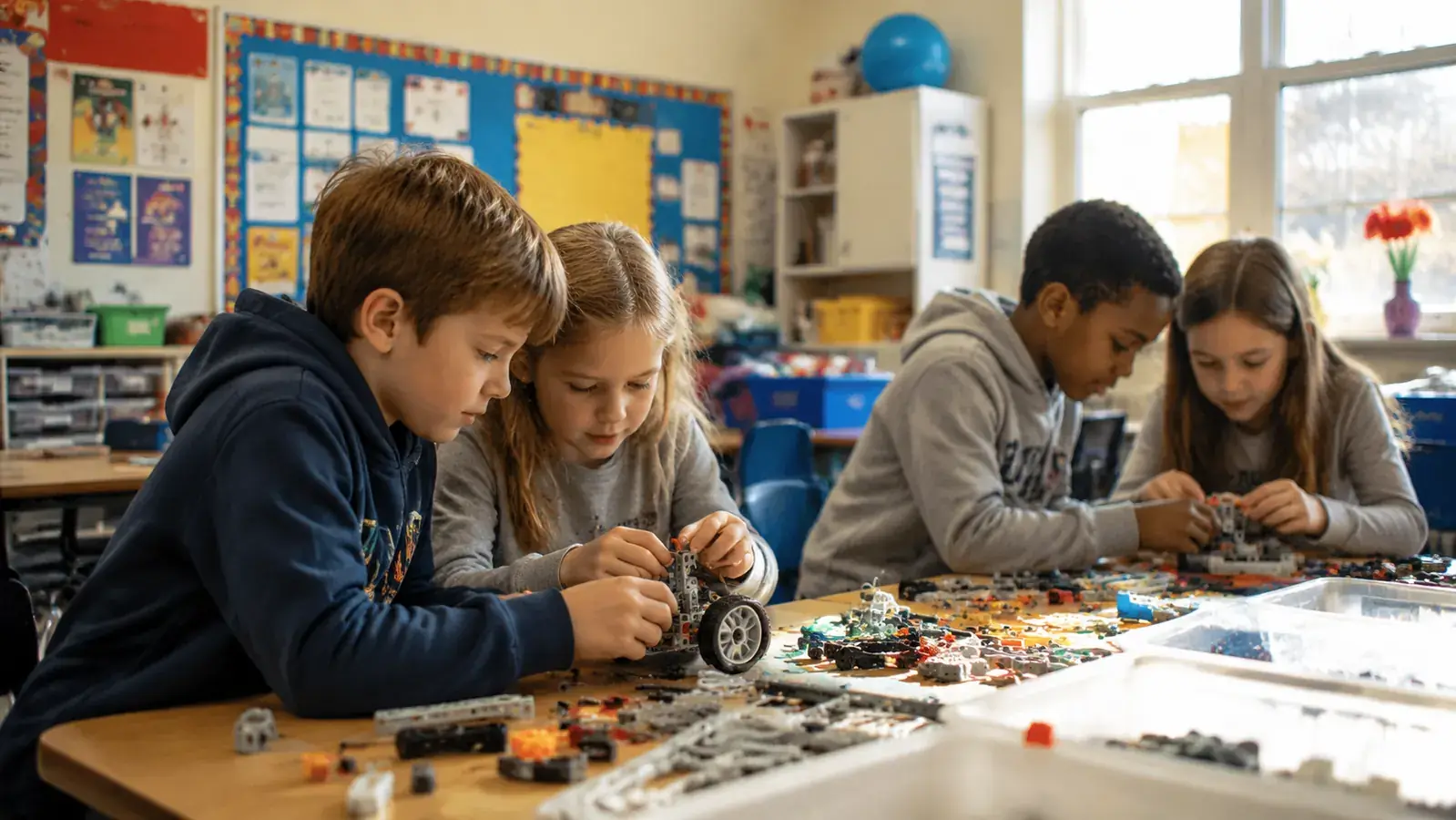 Third-grade students working in pairs at classroom tables building Sillbird solar robot kits, small robot pieces spread across desks