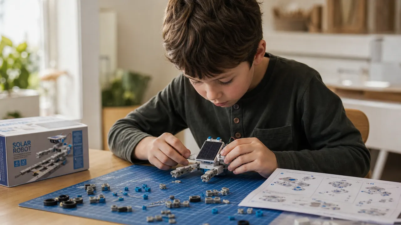 An 8-year-old boy assembling a solar robot at a wooden kitchen table, small plastic pieces spread out on a light-colored mat, morning sunlight through a window behind him