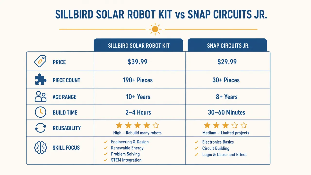 Side-by-side chart comparing Sillbird solar robot kit and Snap Circuits Jr across six categories