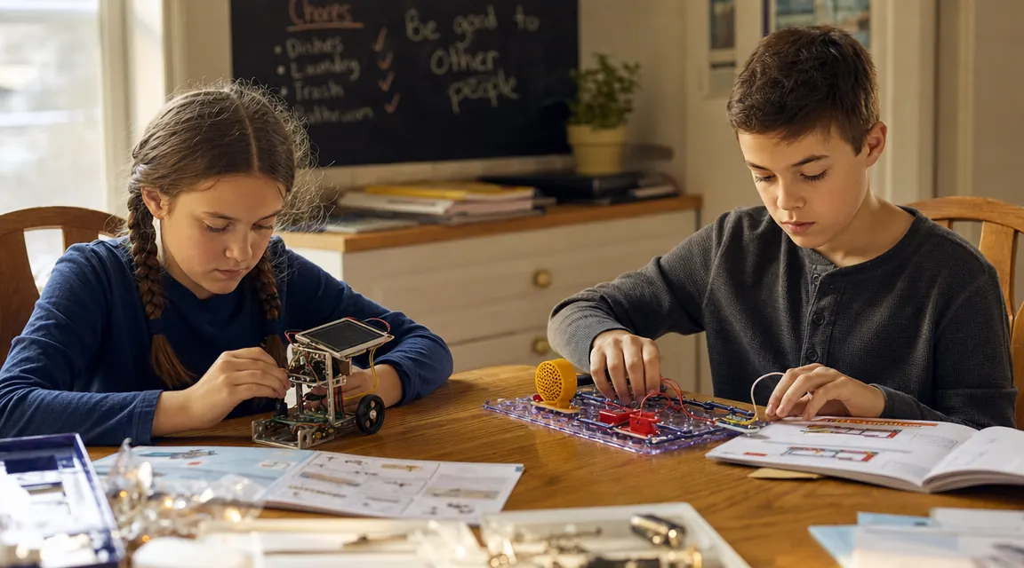 Two kids at a kitchen table comparing a solar-powered robot assembly and a circuit board kit, bright morning light
