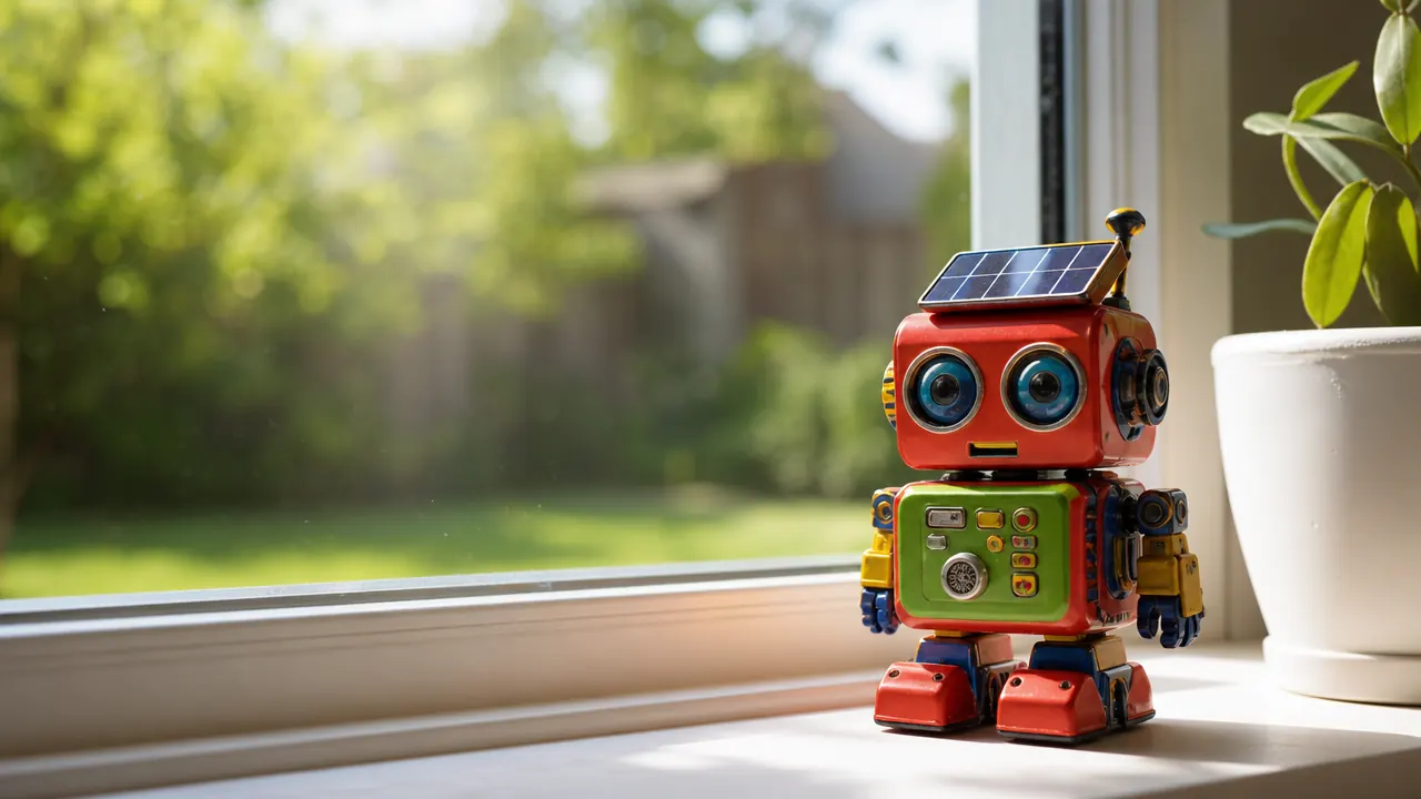 A completed solar robot toy sitting on a windowsill in bright sunlight, small solar panel catching the light