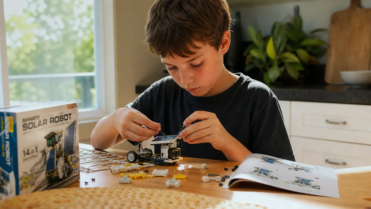 A boy assembling a small solar-powered robot on a sunlit kitchen table, pieces spread out in front of him, expression of focused excitement